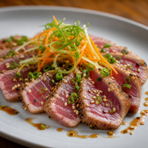 Dilimlenmiş ton balığı tataki servisi