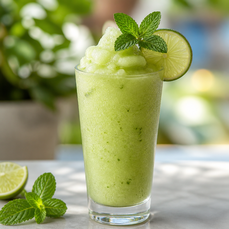 Buzlu Mojito Slush kokteyli, nane ve limon ile süslenmiş