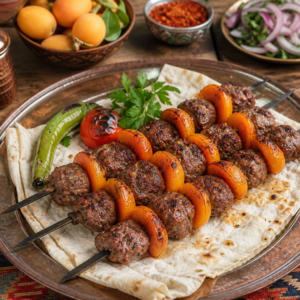 Şişte pişmiş yeni dünya kebabı, lavaş ile servis edilmiş