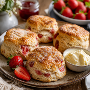 Taze pişmiş çilekli scone, yanında taze çilekler