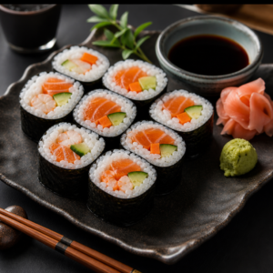 Somon ve karidesli maki sushi dilimleri, yanında wasabi ve soya sosu