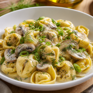 Kremalı mantar soslu tortellini, dereotu ile süslenmiş