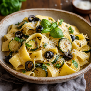 Kabak ve siyah zeytinli papardelle makarna, fesleğen ile