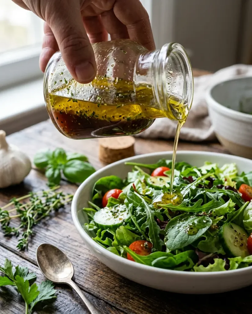Ev yapımı vinaigrette salata sosu, zeytinyağı ve sirke ile