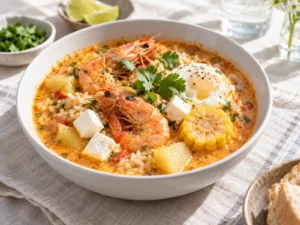 Chupe de camarones: karides, patates, mısır, taze peynir ve yumurtalı Peru çorbası