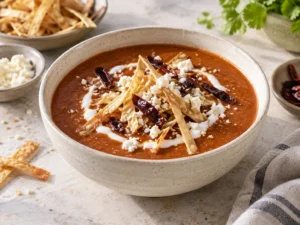 Sopa tarasca: fasulyeli domatesli çorba, tortilla şeritleri, peynir ve ekşi krema