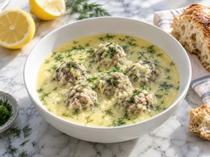 Youvarlakia: yumurta-limon terbiyeli pirinçli köfte çorbası ve dereotu