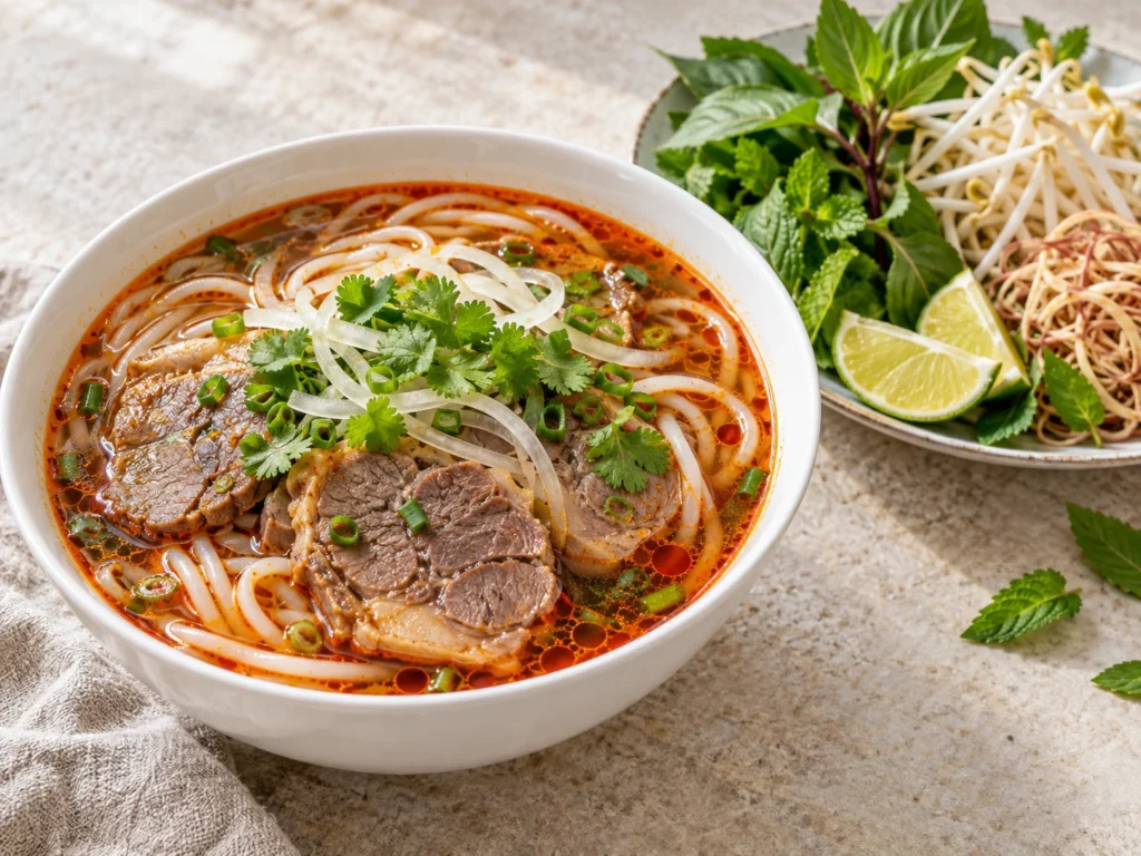 Bún bò Huế: acı biber yağlı kırmızı suda kalın pirinç eriştesi ve dana incik dilimleri