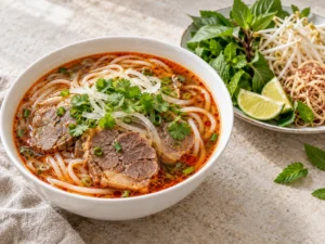 Bún bò Huế: acı biber yağlı kırmızı suda kalın pirinç eriştesi ve dana incik dilimleri