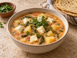 Caldo de queso: patates, közlenmiş yeşil biber ve taze peynir küpleriyle Sonora çorbası