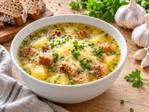 Česnečka: patatesli sarımsak çorbası, çavdar krutonu ve eriyen peynir