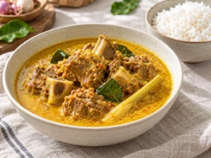 Gulai: zerdeçallı sarı hindistan cevizi sütlü köri suyunda kemikli et