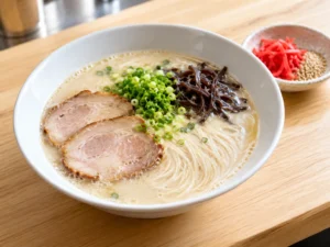 Hakata ramen: beyaz tonkotsu suyu, ince düz erişte, çaşu, taze soğan ve kırmızı zencefil turşusu