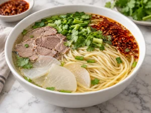 Lanzhou lamian: berrak dana suyu, erişte, beyaz turp, kırmızı biber yağı ve kişniş