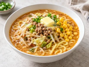 Sapporo usulü miso ramen: miso suyu, kıvırcık erişte, fasulye filizi, mısır ve tereyağı