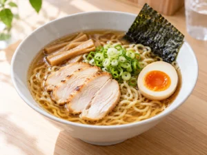 Ramen: berrak suda erişte, tavuk dilimleri, rafadan yumurta, nori ve taze soğan