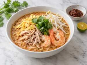 Sarawak laksa: pirinç eriştesi, tavuk, omlet şeritleri, karides ve fasulye filizi