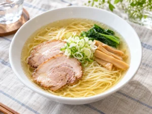 Hakodate usulü shio ramen: berrak tuzlu su, düz erişte, çaşu, menma ve taze soğan
