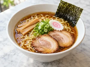 Tokyo usulü shoyu ramen: soya soslu berrak su, kıvırcık erişte, çaşu, menma, nori ve naruto