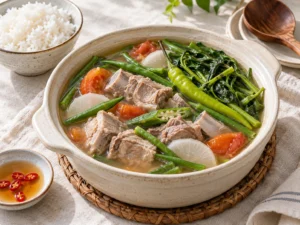 Sinigang na baboy: demirhindili ekşi suda domuz kaburga, turp, fasulye, okra ve kangkong
