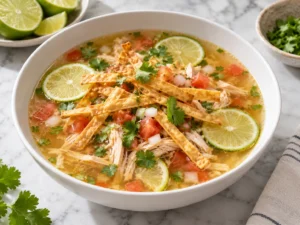 Sopa de lima: didiklenmiş tavuk, kızarmış tortilla şeritleri ve lima dilimleriyle Yucatán çorbası