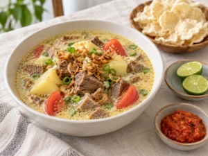 Soto Betawi: hindistan cevizi sütlü suda dana eti, patates, domates ve kızarmış soğan