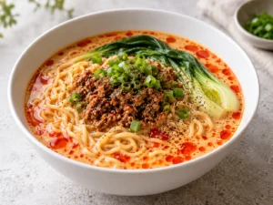 Tantanmen: susamlı acı su, ramen eriştesi, baharatlı kıyma ve bok choy