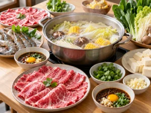 Tayvan usulü hot pot: kaynayan sade su, ince dilim et, karides, tofu, sebzeler ve shacha soslu banış kaseleri