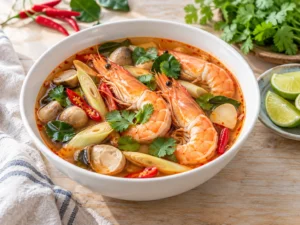 Tom yum goong: karides, mantar, limon otu, galanga ve kafir limon yapraklı ekşi acı çorba