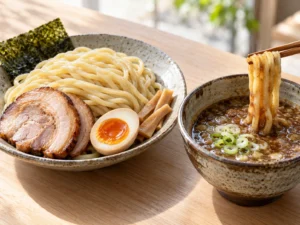 Tsukemen: soğuk kalın erişte ve yanında ayrı kasede yoğun batırma sosu