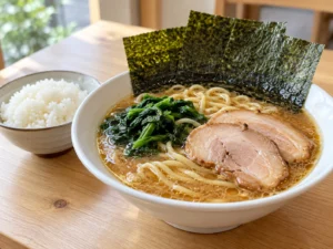 Yokohama iekei ramen: tonkotsu-shoyu su, üç nori yaprağı, ıspanak ve çaşu, yanında pirinç