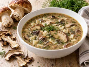 Zupa borowikowa: kremalı porcini mantar çorbası, makarna ve dereotu
