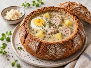 Żurek: ekşi çavdar çorbası, beyaz sucuk dilimleri ve haşlanmış yumurta