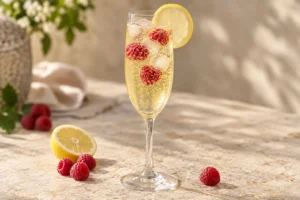 Şampanya bardağında ahududu ve limon dilimiyle sunulan köpüklü Limoncello Prosecco kokteyli
