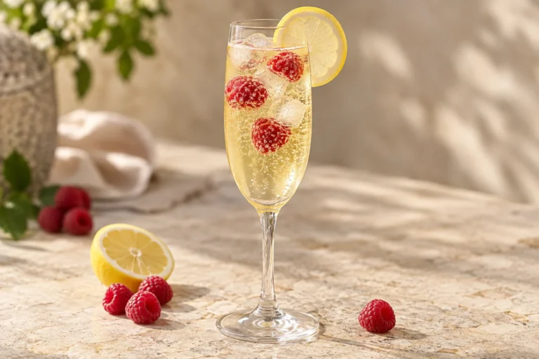 Şampanya bardağında ahududu ve limon dilimiyle sunulan köpüklü Limoncello Prosecco kokteyli