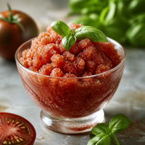 Kumato domatesinden yapılmış fesleğenli granita