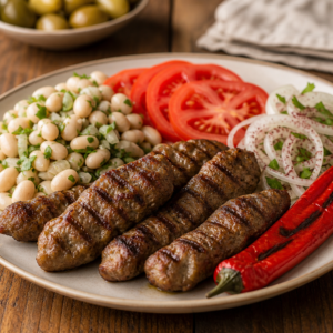Tekirdağ köftesi - ızgara köfte, piyaz ve domates ile servis