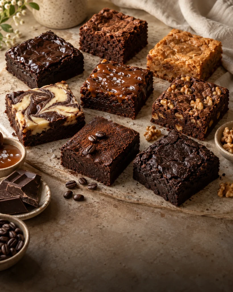 Fudgy, kek dokulu, blondie, cheesecake, tuzlu karamel, cevizli, espresso ve vegan brownie çeşitleri