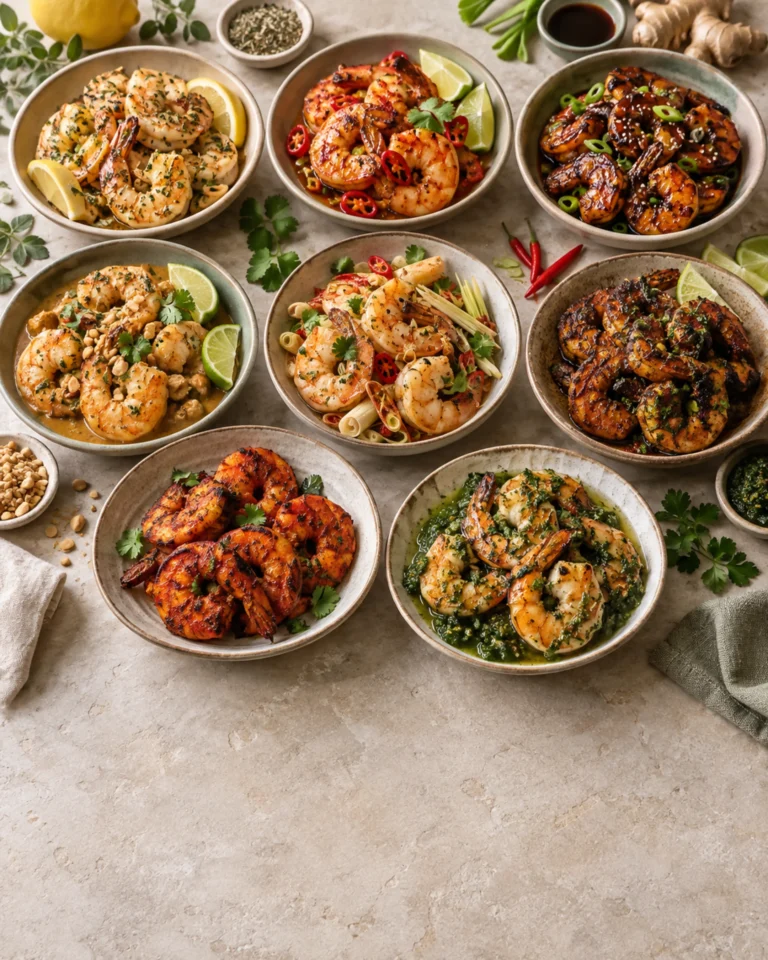 Limonlu, acılı, ballı soyalı, fıstıklı, Tay usulü, jerk, tandoori ve chimichurri karides çeşitleri