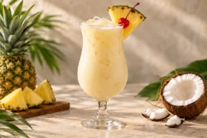 Ananas dilimi ve kirazla süslenmiş kremalı Mancolada kokteyli