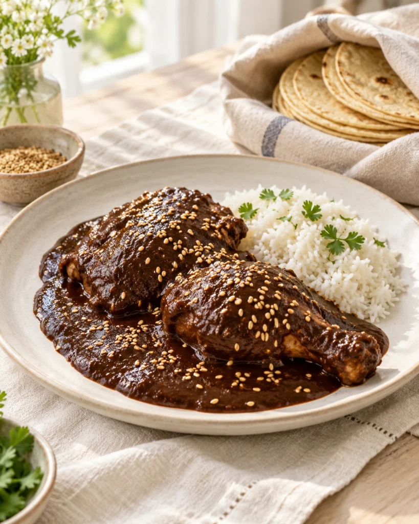 Susam serpilmiş tavuklu mole poblano, yanında pilav ve mısır tortillası
