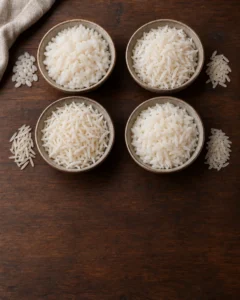 Koyu ahşap üzerinde Baldo, Osmancık, basmati ve kısa taneli pirinci temsil eden dört kâse sade beyaz pirinç