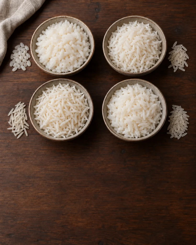 Koyu ahşap üzerinde Baldo, Osmancık, basmati ve kısa taneli pirinci temsil eden dört kâse sade beyaz pirinç