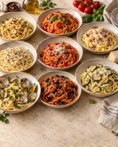 Aglio e olio, pomodoro, carbonara, cacio e pepe, amatriciana, vongole, puttanesca ve Nerano spagetti çeşitleri