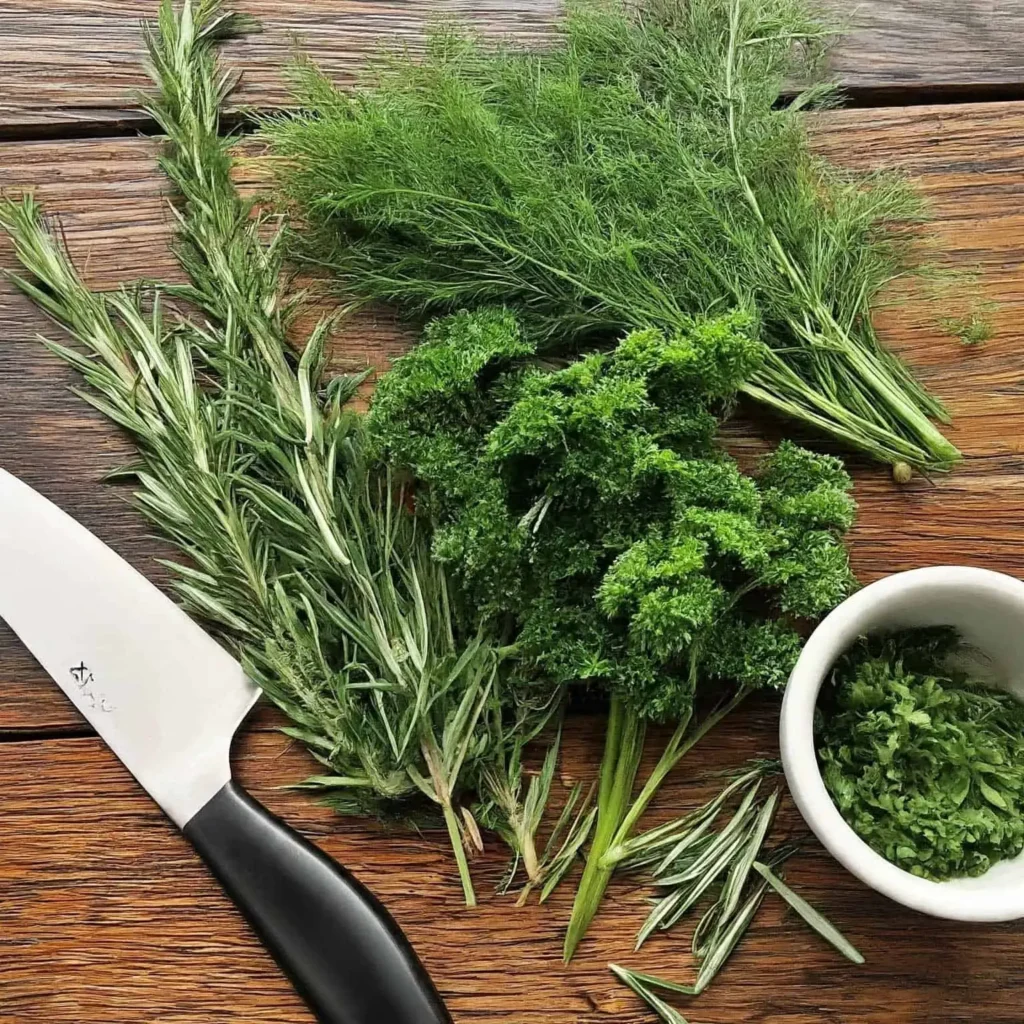 Ahşap yüzeyde biberiye, dereotu, maydanoz ve doğranmış aromatik otlar