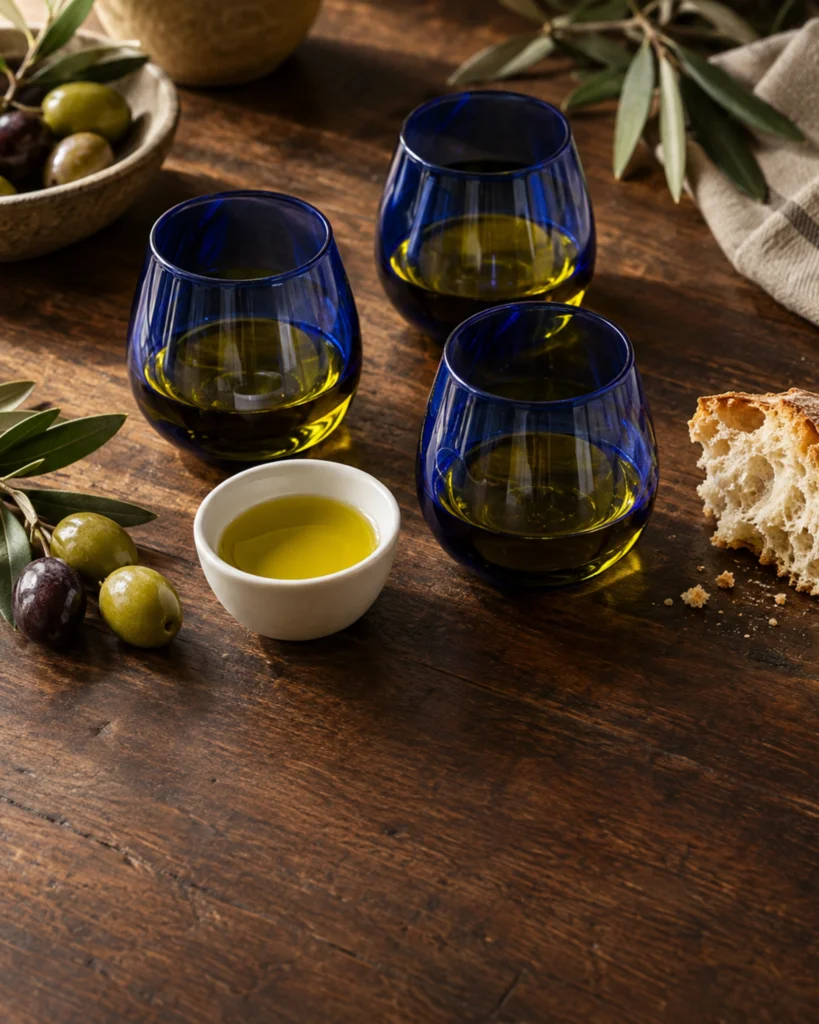 Kobalt mavisi tadım bardaklarında üç natürel sızma zeytinyağı, zeytin dalları ve ekmek