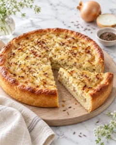 Mayalı hamurlu Alman soğan turtası Zwiebelkuchen, bir dilimi kesilmiş hâlde