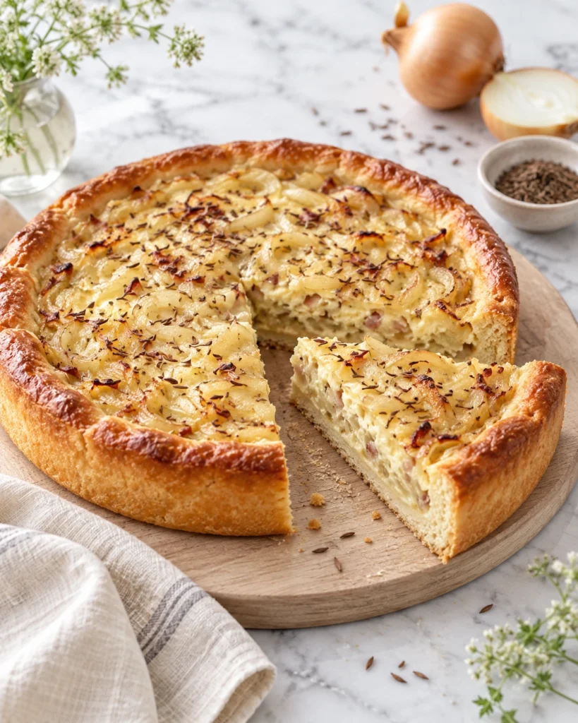Mayalı hamurlu Alman soğan turtası Zwiebelkuchen, bir dilimi kesilmiş hâlde