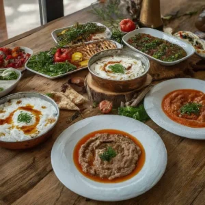 Ahşap masada et yemekleri, çorba, salata ve yoğurtlu yemekler