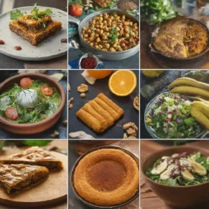 Çorba, bakliyat, salata, tatlı ve hamur işlerinden oluşan yemek kolajı